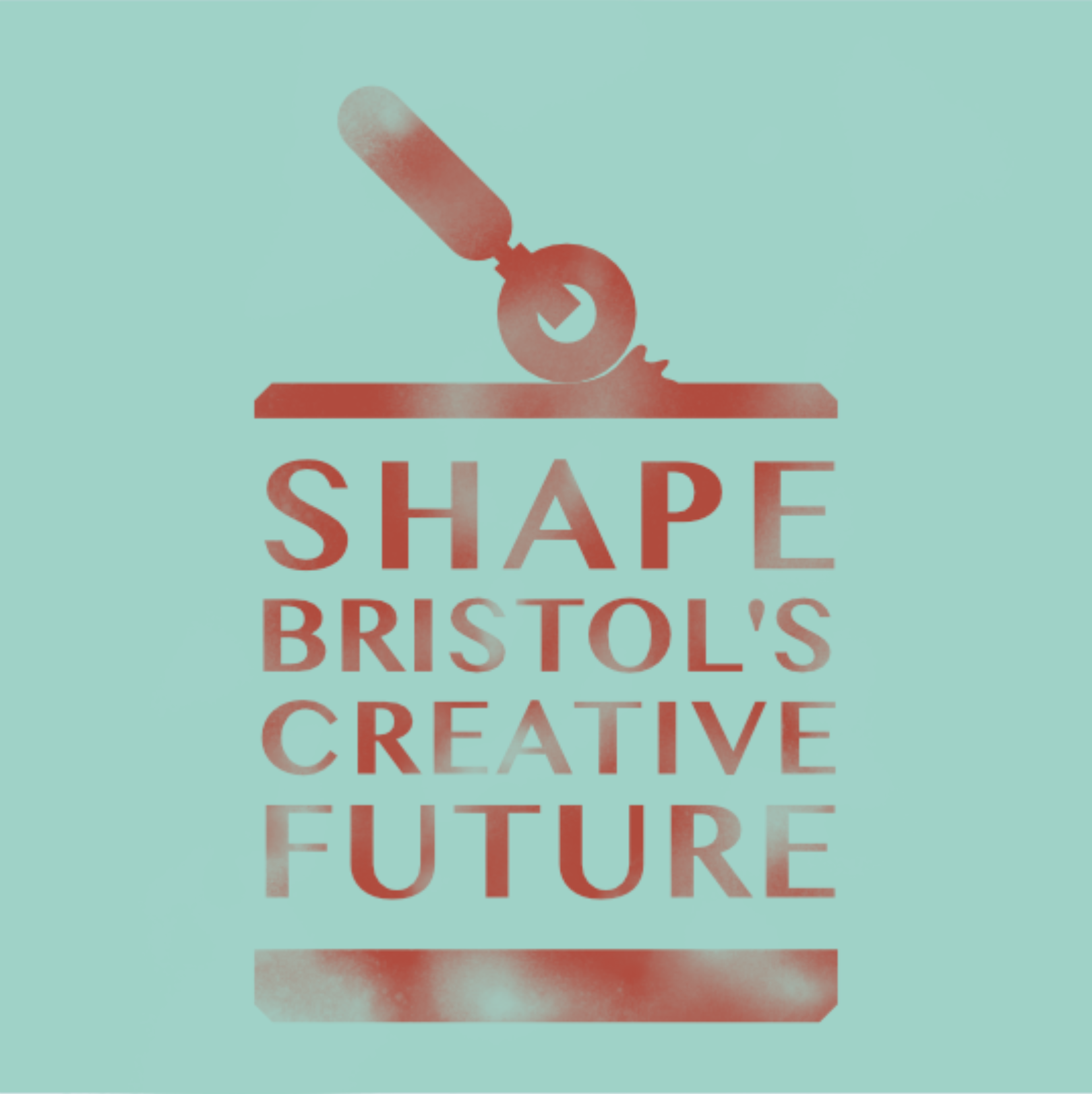 A square-shaped logo made of mostly of red text on a green background that reads Shape Bristol's Creative Future. There is also a bold red line on the top and bottom of the text and a stylised printing roller on top creating a logo.